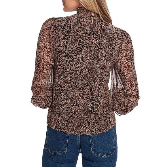 1.STATE Smocked-Neck Leopard-Print Blouse Size XL Puff Sheer Sleeve Chic - Picture 2 of 8